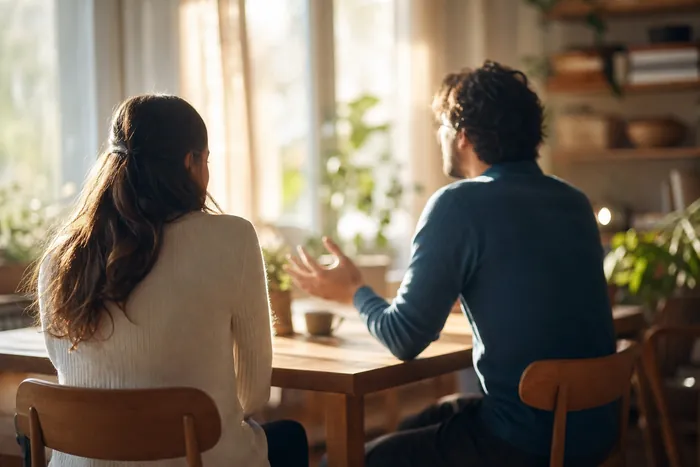 Two adults in unhurried conversation across a table in a sunlit room