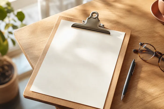 A clipboard, pen and reading glasses on a sunlit desk