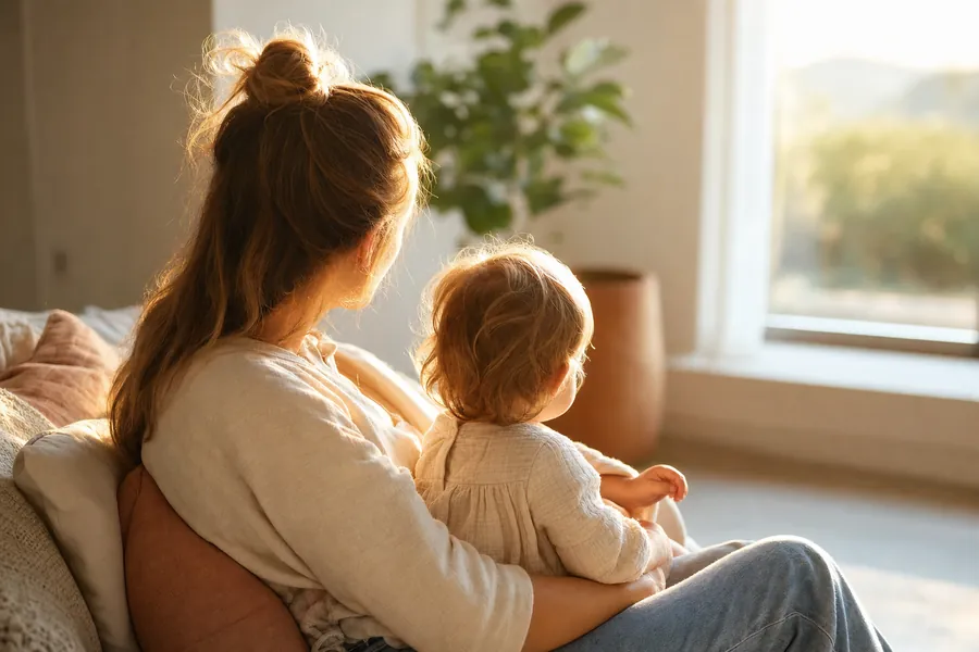 A parent holding a toddler on her lap in warm morning light by a window