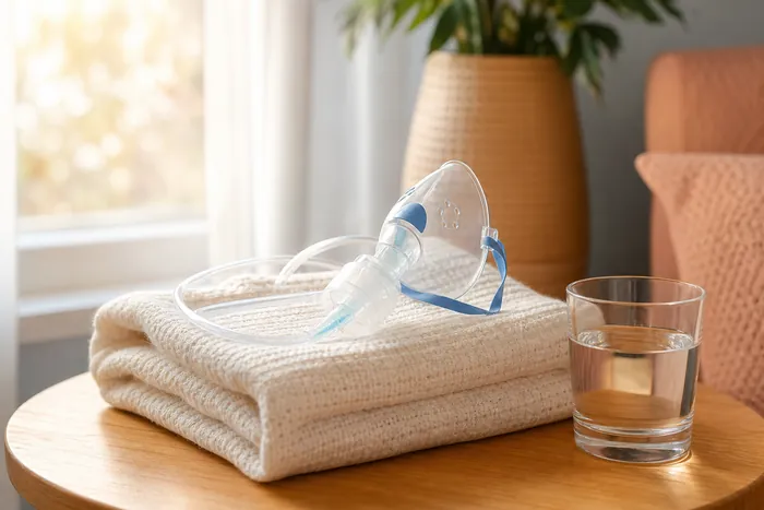 A pediatric nebulizer mask and tubing resting on a folded blanket by a window