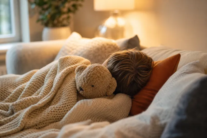 A child resting under a soft knitted blanket on a sofa, a plush bear tucked alongside