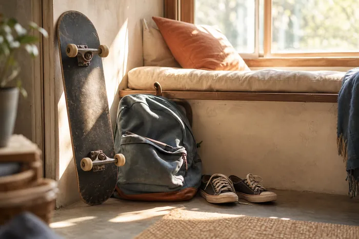 A teenager’s sneakers, backpack and skateboard by a sunlit window seat