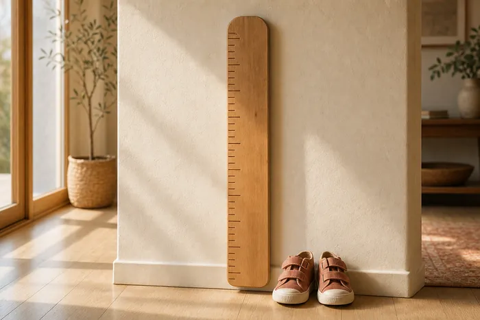 A wooden height-measuring ruler on a sunlit wall beside a pair of children’s shoes